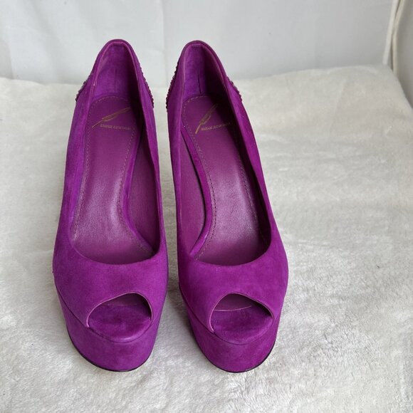 Brian Atwood Purple Suede Peep-Toe Platform Heels Rhinestone Stiletto Size 8 - Picture 4 of 8